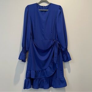 Royal Blue Long Sleeve Knee Length Dress Faux Wrap